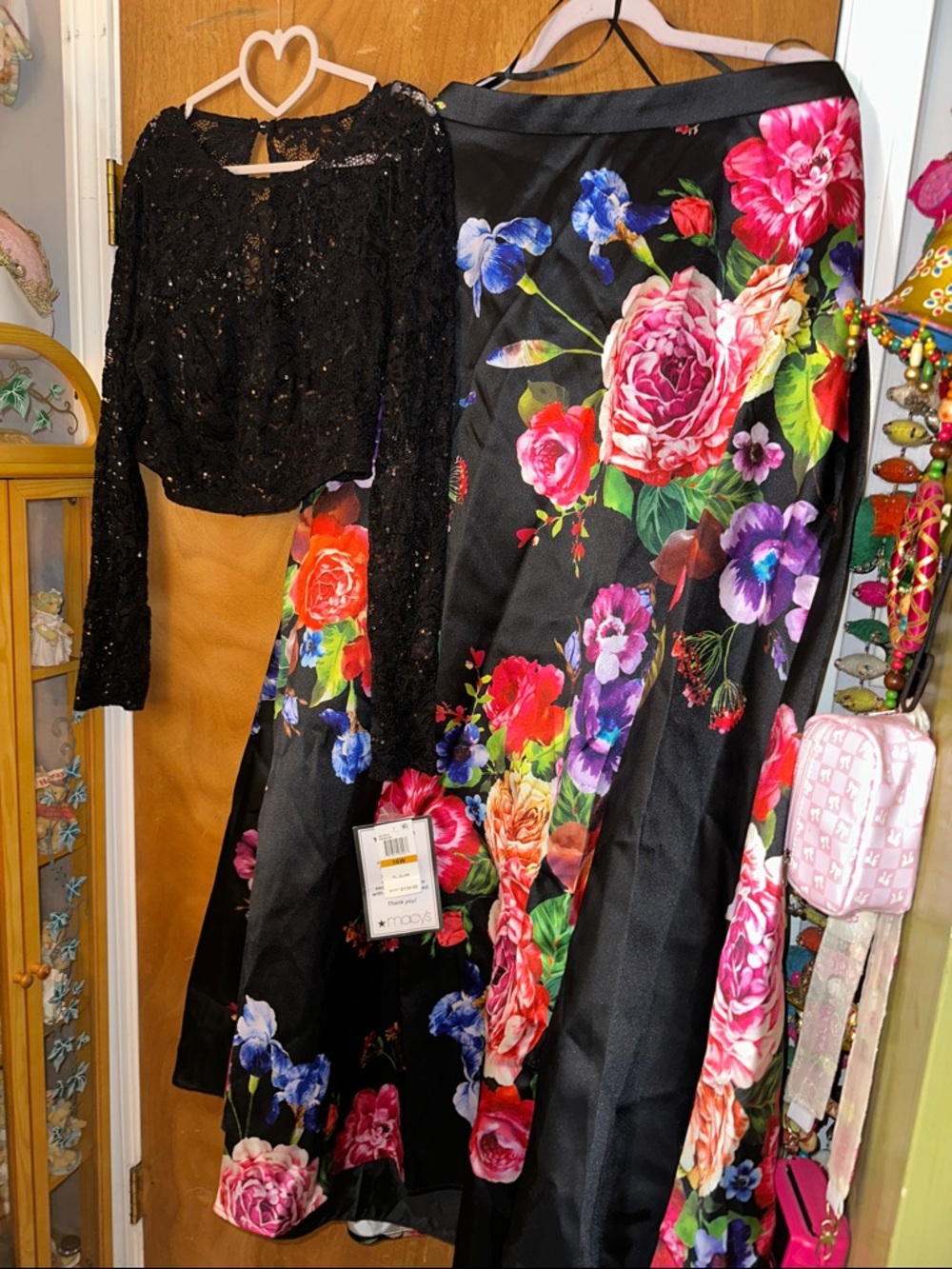 B Darlin Black Floral Maxi Skirt Set with Lace Top